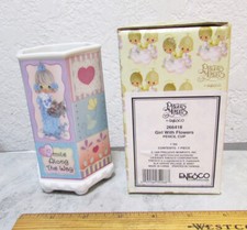 1996 Precious Moments 266418 Girl With Flowers Pencil Cup Ceramic 4.75 NEW w box