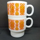 2 Neon Orange Yellow Kitcsh Mod Groovy Milk Glass Stacking Mugs Coffee Cups Vtg