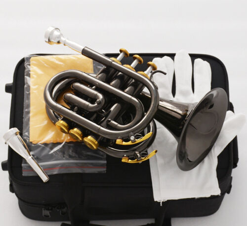 TOP Quality Black nickel Bb Pocket trumpet horn Large Bell + 2 Mouthpiece + case - Picture 1 of 5