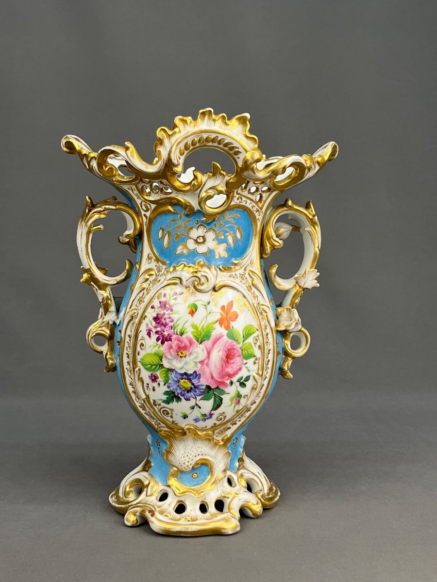 19世紀フランス　 「オールド・パリ（Vieux Paris）」様式 磁器製花瓶 19th Century Old Paris Hand-Painted Ornate Blue Floral 11 1/2