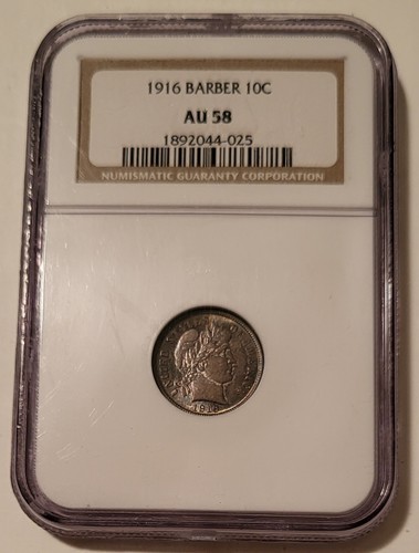 1916 Barber Dime AU58 NGC Toned