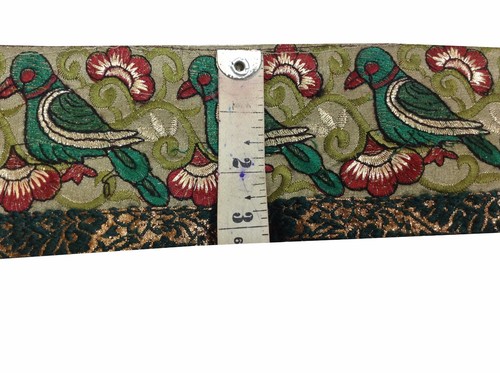 Om Vintage Indian Sari Border Art Silk Woven Green Ribbon Lace Trim 3.2" L119 - Picture 7 of 10
