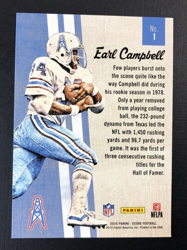 2015 Score Gridiron Heritage #1 Earl Campbell Insert Card Houston Oilers HOF - Picture 2 of 2