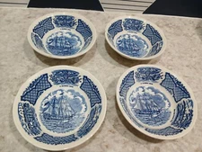 4 Antique Alfred Meakin Fair Winds, Blue & White Dessert Bowls 5 1/4" - Read