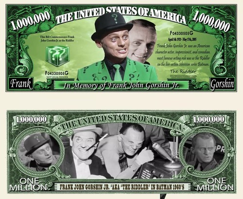 Riddler Frank Gorshin Million Dollar Bill Play Funny Money Note + FREE ...
