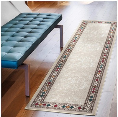  Modern Bordered 2x7 (Non-Slip) Low Profile Pile Rubber Backing Indoor Area Rug