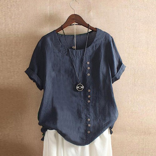 Plus Size 8-20 Cotton Linen Womens Summer Shirt Tunic Tops Short Sleeve Blouse - Picture 21 of 26