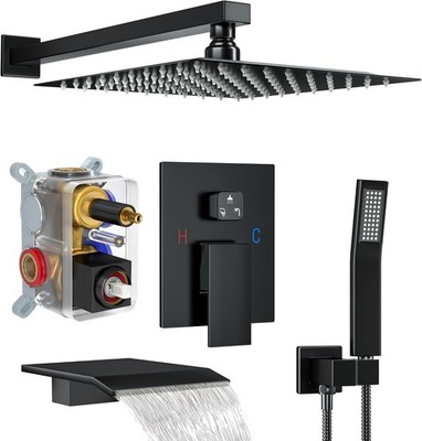 Matte Black Shower System with 12-Inch Rain Showerhead and Tub Spout | cUPC-c...