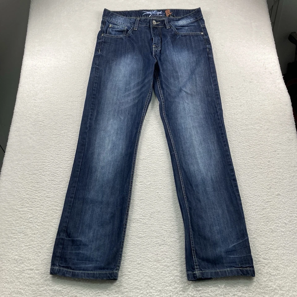 Pantalones de mezclilla rectos vintage Miskeen Originals para hombre 34x32 azul en relieve Y2K Foto 3 de 4