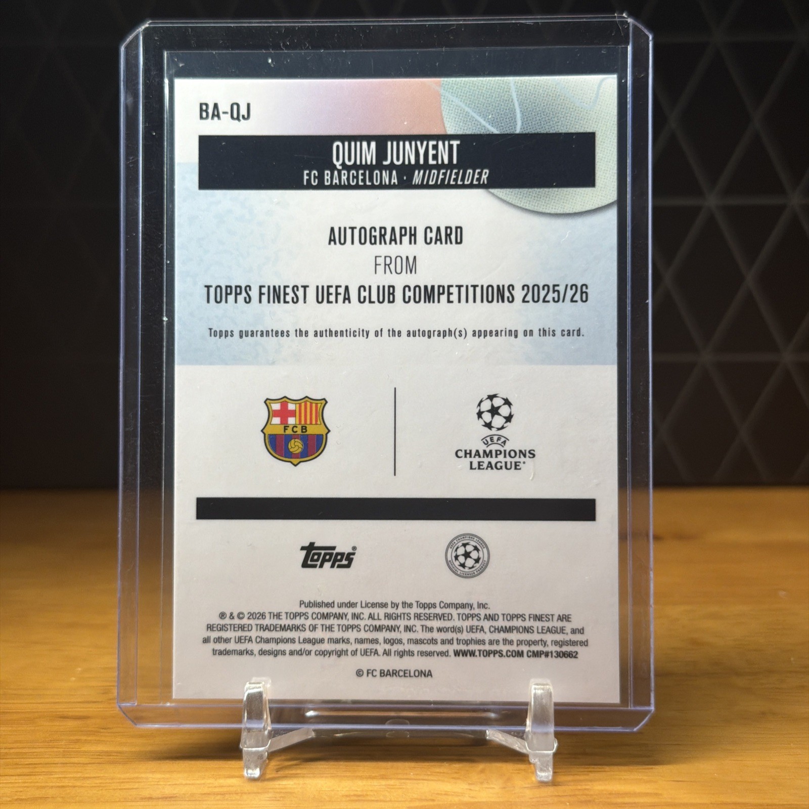 Quim Junyent 2025-26 Topps UEFA Club Competition Finest  Auto Barcelona Rookie view 2
