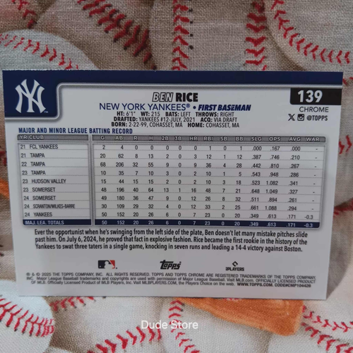 2025 Topps Chrome - Ben Rice #139 *RC* - New York Yankees - Picture 2 of 2