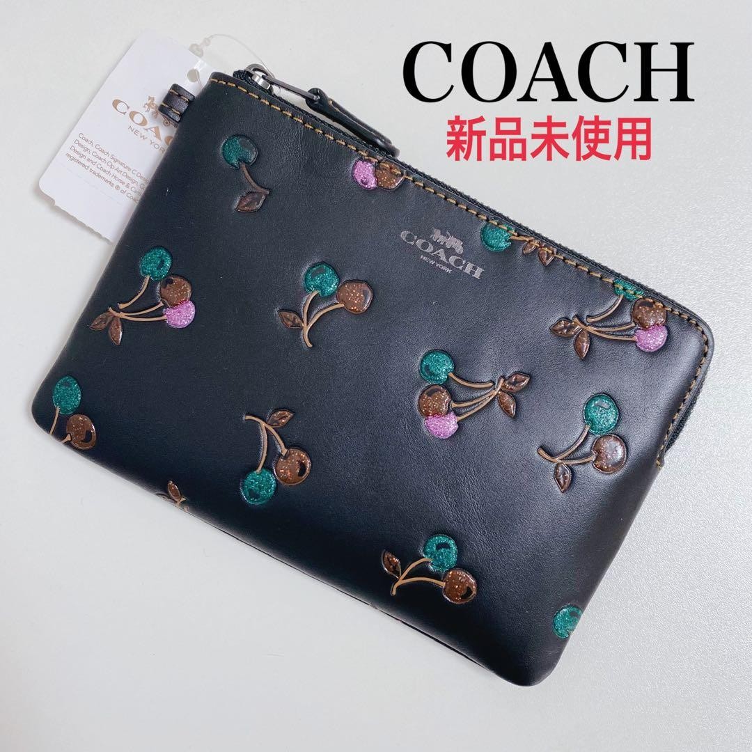COACH Cherry Pattern Coin Case Black Leather Mint… - image 1