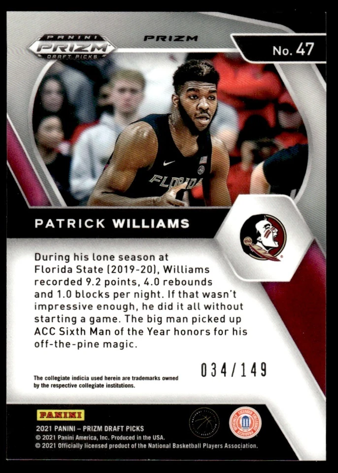 2021-22 Panini Prizm Draft Picks Prizm Patrick Williams 034/149 Florida State - Image 2 of 2