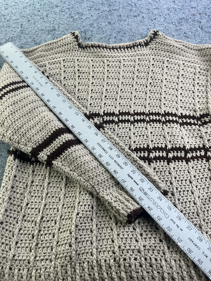 Suéter Vintage Hecho a Mano Crochet Beige Marrón Rayas Mezcla Acrílico Para Hombre’s Grande Foto 4 de 4