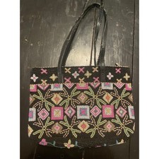Vintage Beaded Tote Bag Black Geometric Floral Seed Bead Shoulder Handbag
