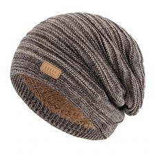 Slouchy Men Women Striped Warm Beanie Caps Plush Fur Lined Winter Knitted Hat