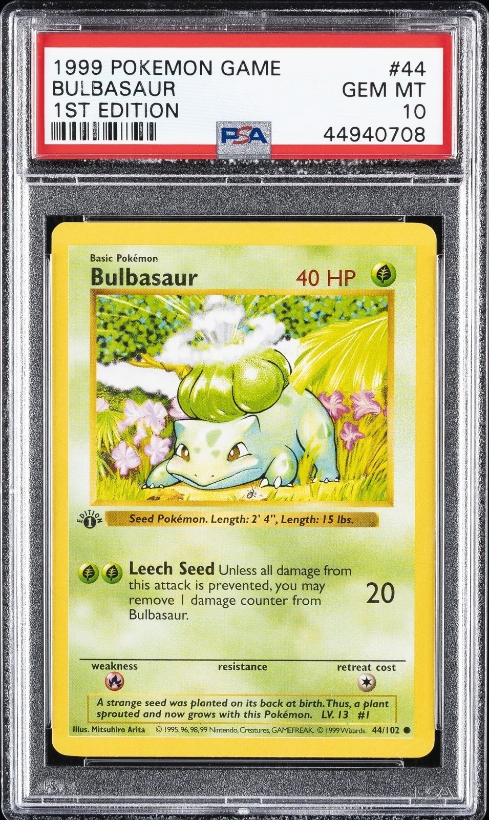 1st Edition PSA 10 Shadowless Bulbasaur Base Set 44/102 1999 Pokémon Gem Mint