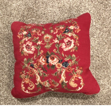 Vintage Needlepoint Floral Embroidered Red Pillow, Square, Living Room
