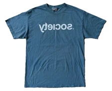 Y2K Society Backwards Grunge Skate Bike Shirt Men’s M Vtg 2000s Blue Punk Boho