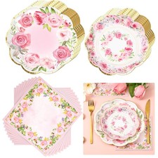 96 Pcs Pink Floral Plates and Napkins Serve 24, Disposable flower Paper Scall...