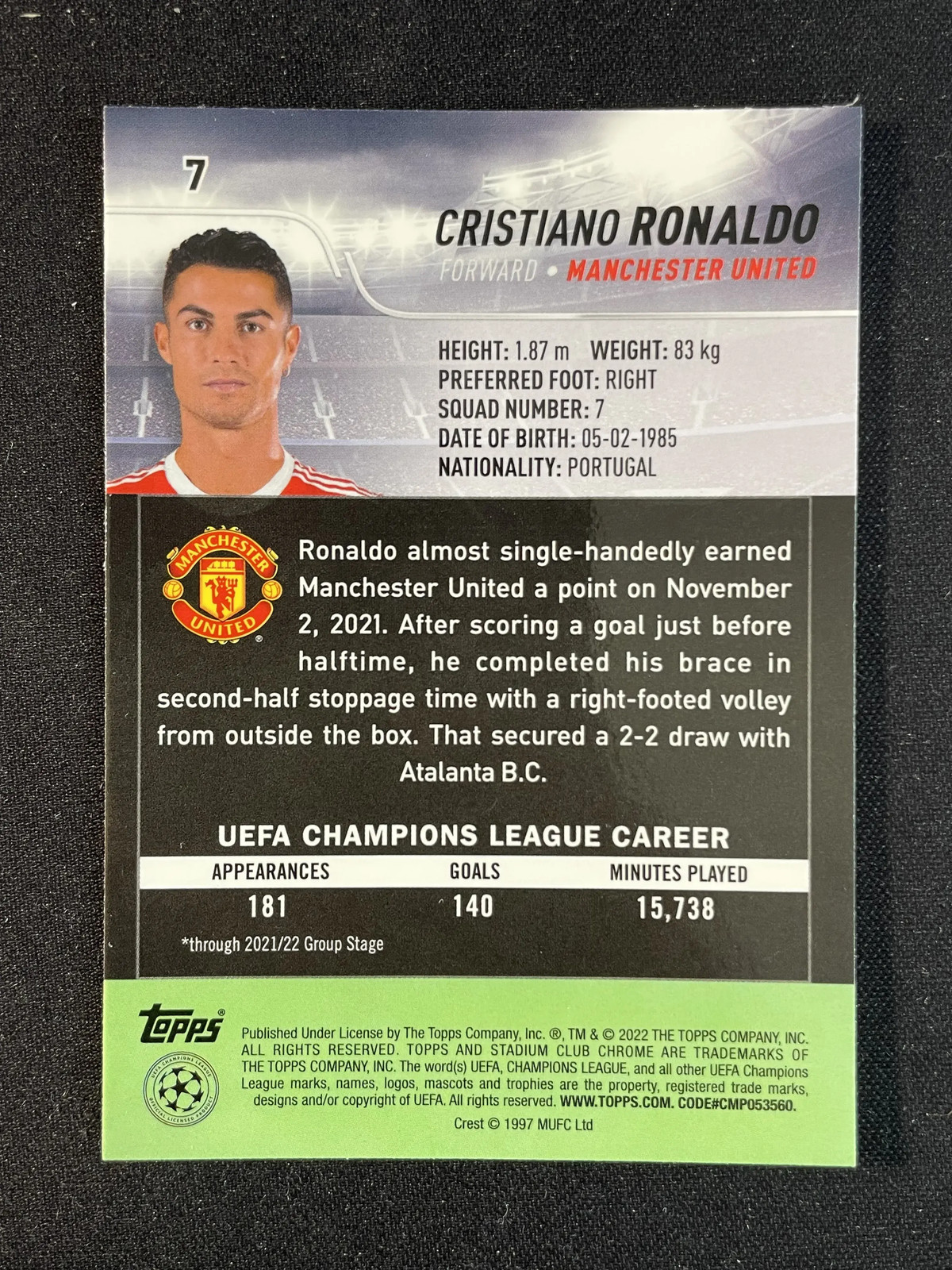 2021-22 Topps Stadium Club Chrome UEFA Cristiano Ronaldo #7 Man Utd #1 TT07 view 2