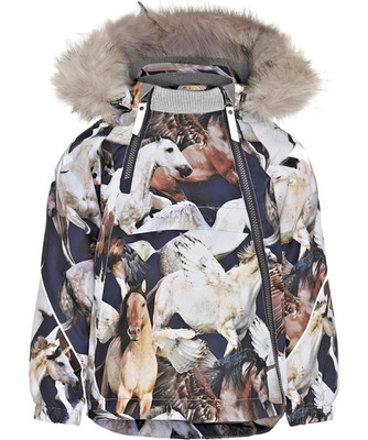MOLO Kids Winter Girls Jacket Unicorn Pegasus Print Hooded Fur Coat Size 92