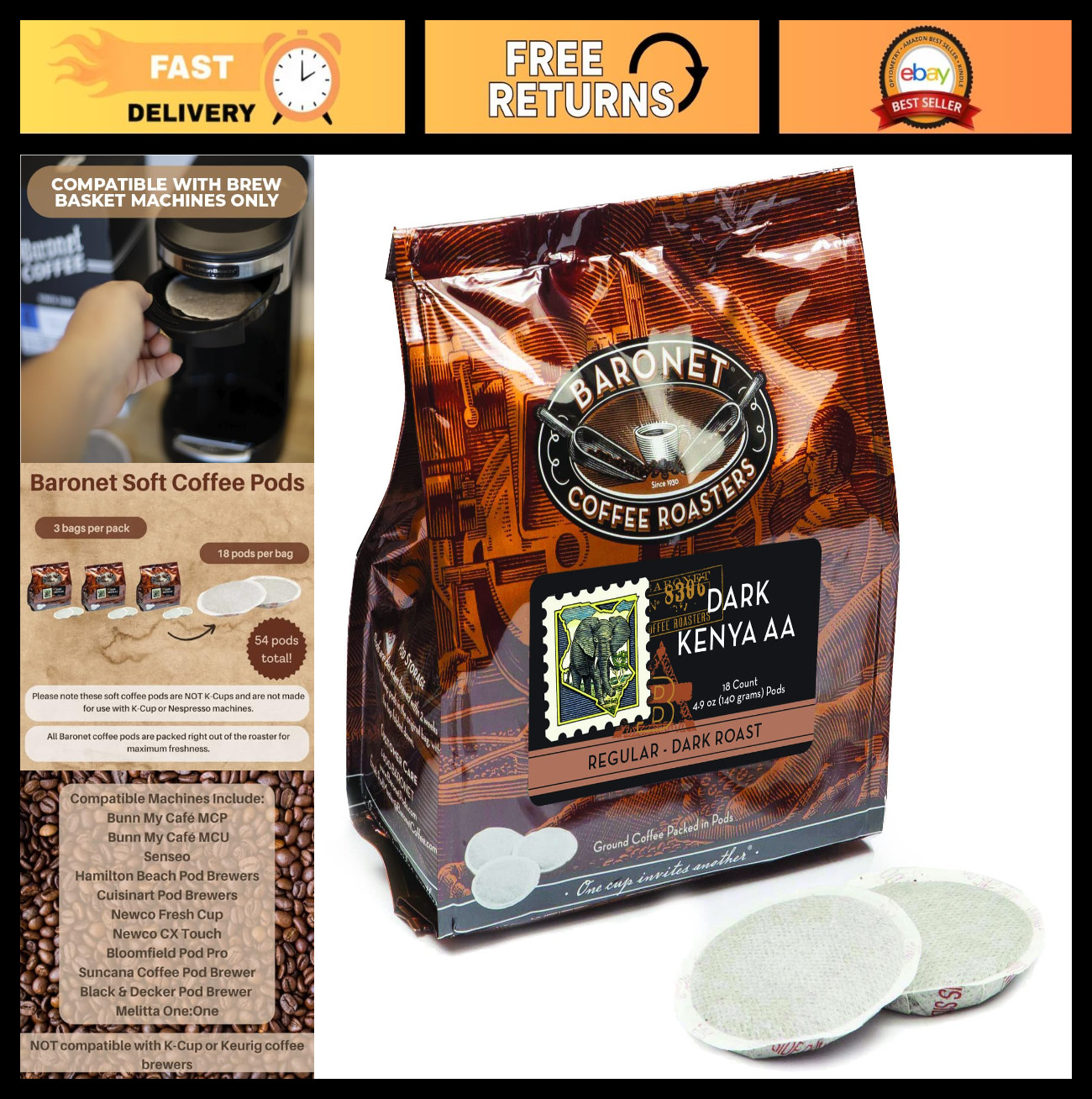 Dark Kenya AA Coffee Pods - 54 Single Serve Cups for Senseo Machine, Medium Roas