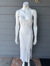 No Comment White Knit Bodycon Dress Midi V-Neck Strappy Tie Front Side Slit L