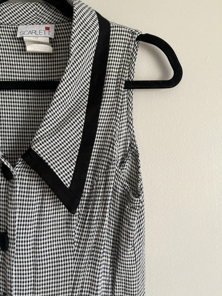 Maxi Vestido Vintage Años 90 Escarlata Negro/Blanco Cuello Guinga Talla 7/8 Mediano Foto 3 de 4