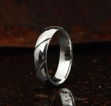 Silver Line Band Mens Ring, 925 Sterling Silver, 6mm Half Round Comfort Fit