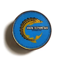 Vintage Collectible Empty Black Caviar Tin Can USSR Blue Gold Caspian plant