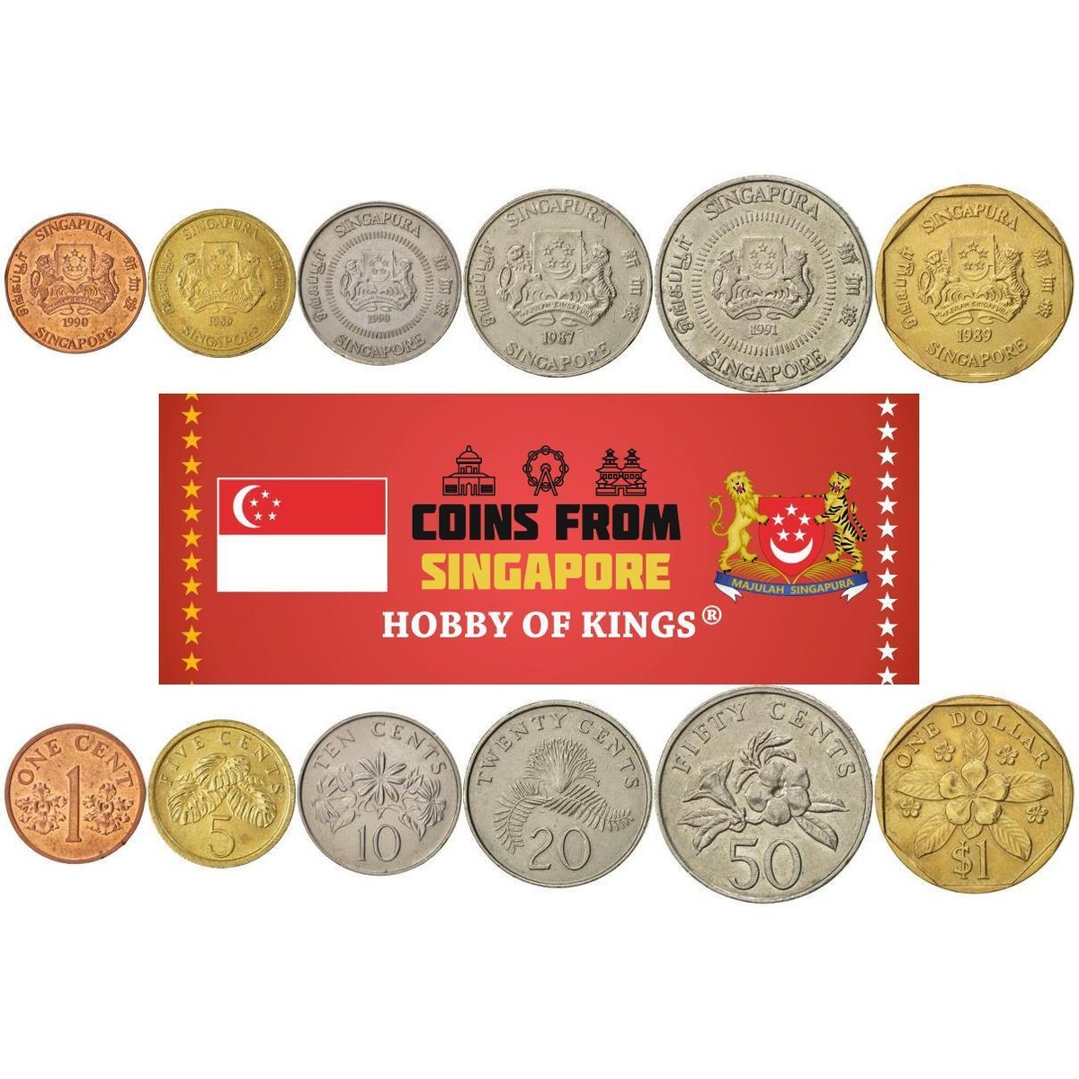 Singaporean 6 Coin Set 1 5 10 20 50 Cents 1 Dollar | 1985