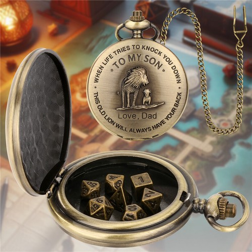 7pcs/Set Metal Polyhedral DND Dices To My Son Pocket Watch Case Christmas Gifts - Picture 6 of 11