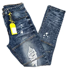 M.Society Men's Jeans Stretch Skinny Fit Blue Jeans Distressed Design Indigo