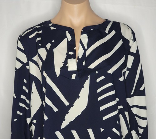 Lauren Ralph Lauren Navy Blue and Ivory Geometric Print Tunic Blouse Size L - Picture 2 of 6