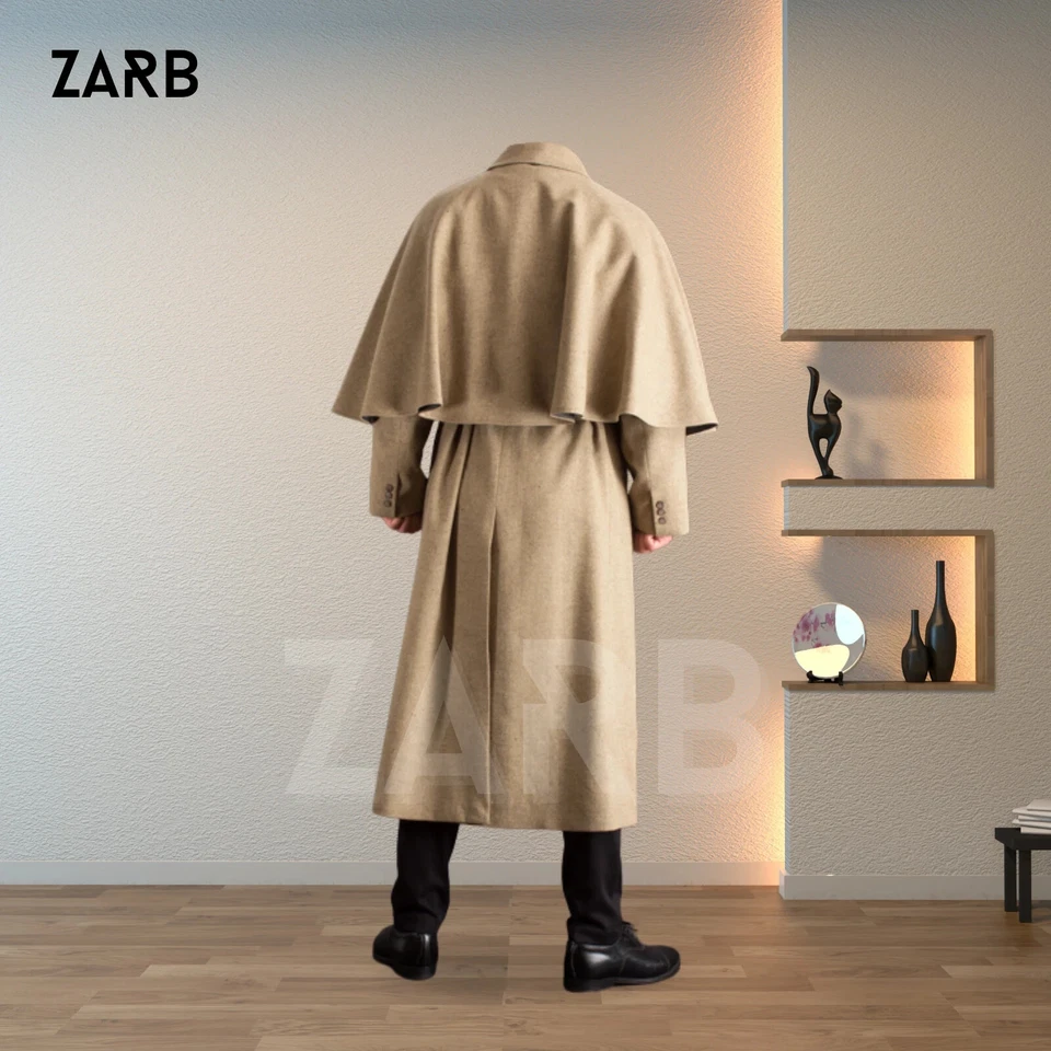 Casaco masculino vitoriano Inverness | Estilo Garrick Coachmen | Lã bege - ZARB - Imagem 4 de 4