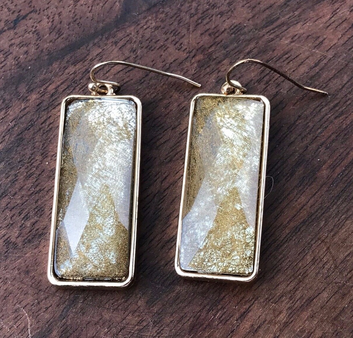 Gold Lucite Rectangular Drop Dangle Pierced Earri… - image 1