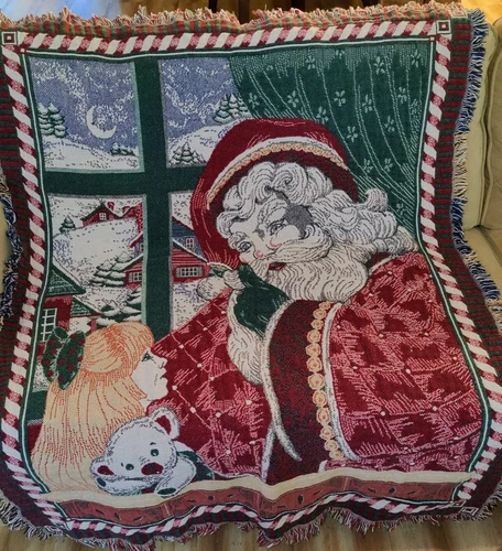 Goodwin Weavers Christmas Throw Blanket Tapestry Santa Little Girl Cotton USA