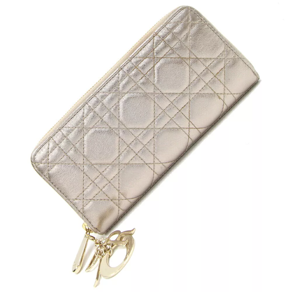 Portefeuille long zippé rond Dior Lady Dior S0007OWEC champagne cuir doré occasion