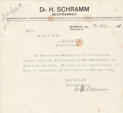 LEIPZIG, 2 x Brief 1936, Dr. H. Schramm Rechtsanwalt 