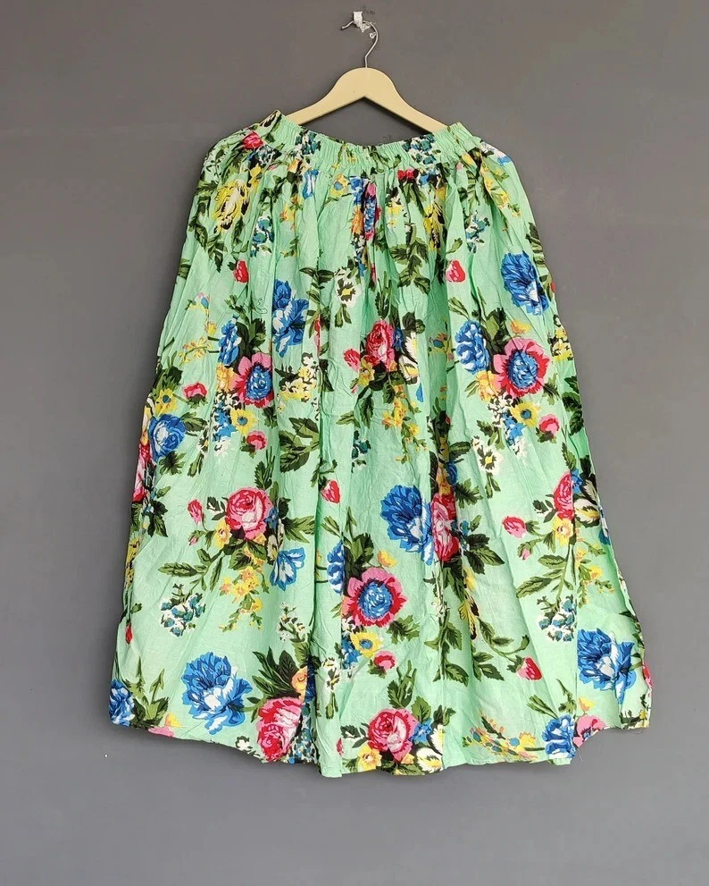 Indian 100%Cotton Green Floral Skirt Women's Clothing Long skirt Beach skirt US