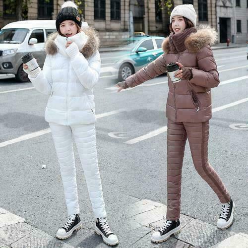 Winter Women 2-piece Suit Down Cotton Hooded Jacket Thicken Pants Outdoor Warm - Picture 2 of 17