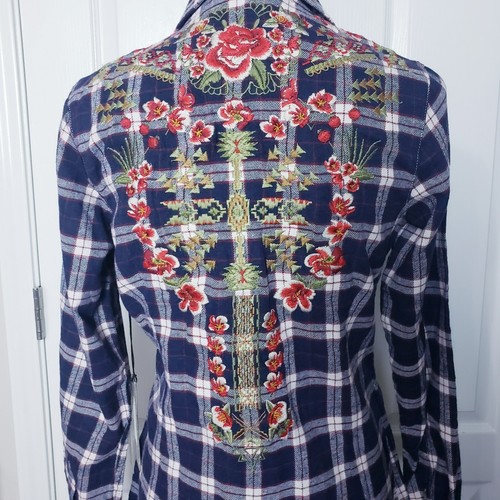 Grace in LA Rojo Blanco y Azul Cuadros Floral Bordado Western Look Abotonado M - Imagen 9 de 9