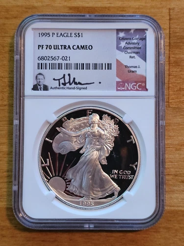1995 P $1 Silver Eagle NGC PF 70 ULTRA CAMEO Thomas J. Uram Signed Flag Label