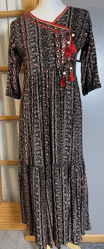 Women’s Tiered Indian Pakistani Kurti Sz L Gray Red Tassels