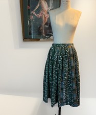 1960s 1950s Vintage Tiki Abstract Skirt Green Blue Aloha Pleats Rockabilly