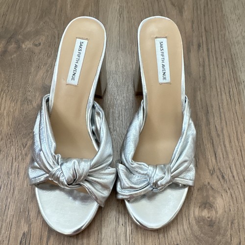 Saks Fifth Avenue Silver Knot Open Toe Mule Slip On Block Heel Womens 7M