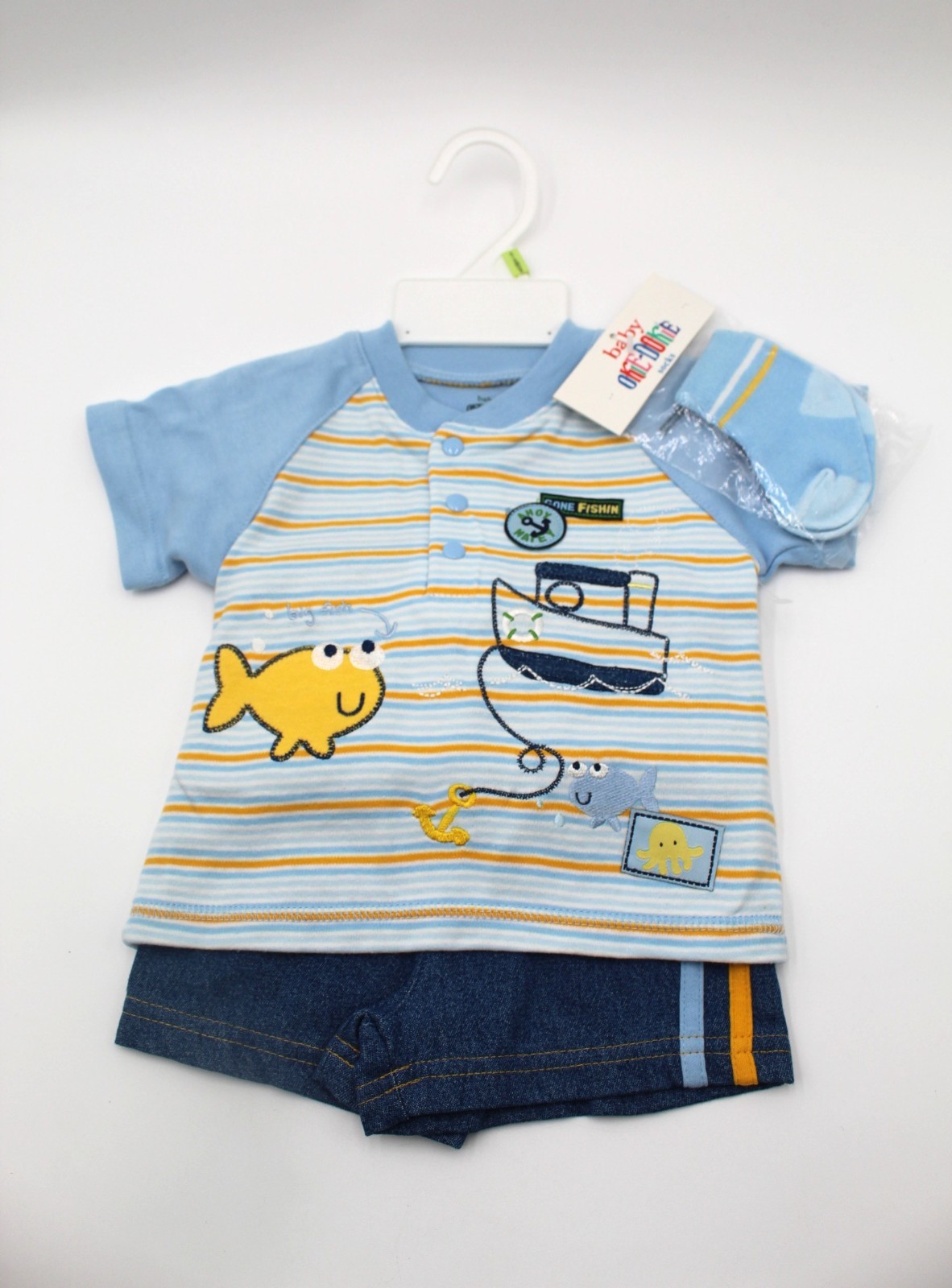 Baby Okie Dokie Boy 3 Piece 100percent Cotton Gone Fishin Matching Set 3-6 Months NEW