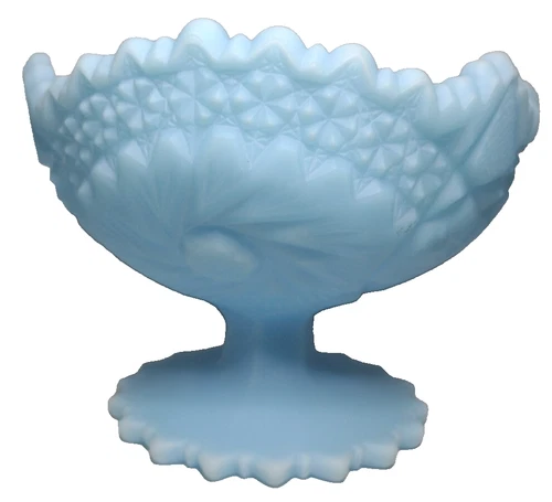 VTG FENTON Blue Satin Custard Compote Pedestal Bowl HOBSTAR Pinwheel
