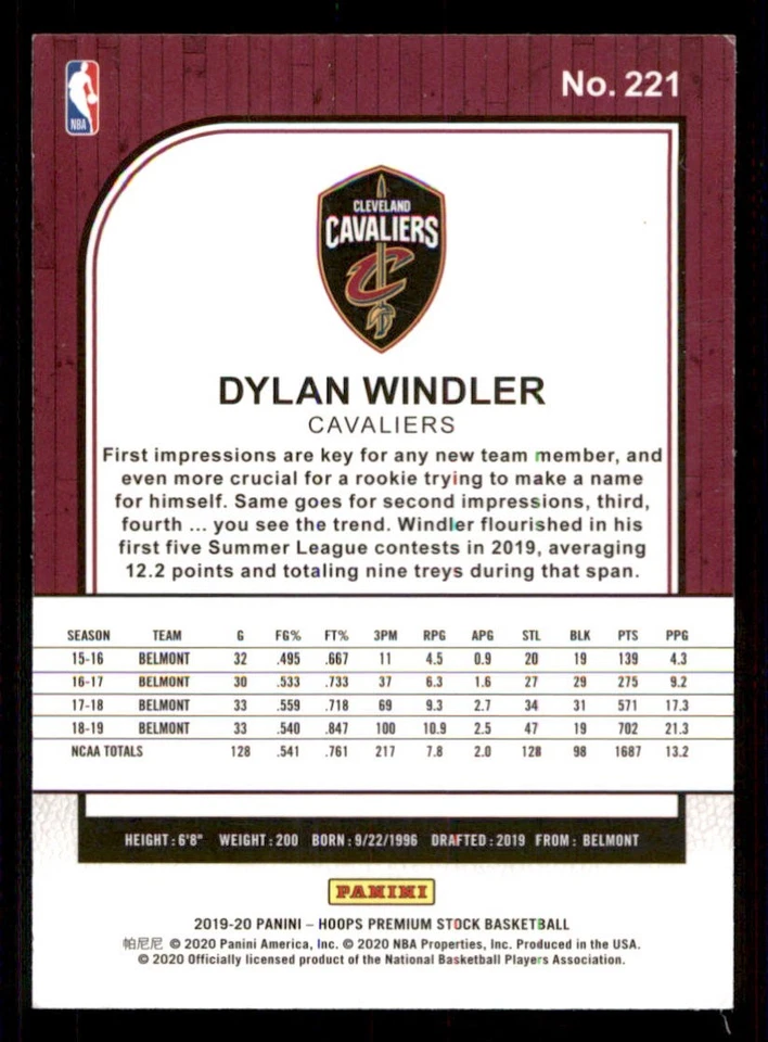 2019-20 Hoops Premium Stock #221 Dylan Windler RC - Image 2 of 2